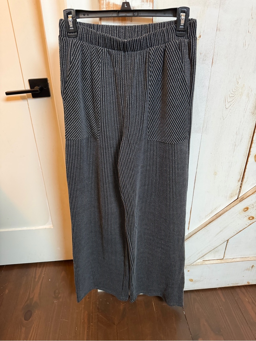 Good Luck Gem Women's Wide Leg Ribbed Knit Pants in Charcoal Gray